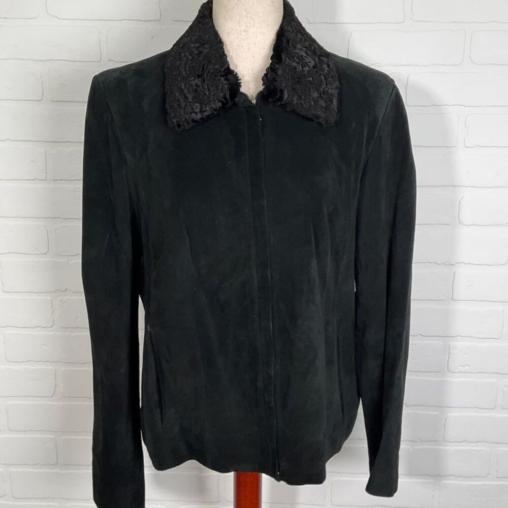 Valerie Stevens Jacket Women L Black Leather Faux Fur Collar Zip Coatigan